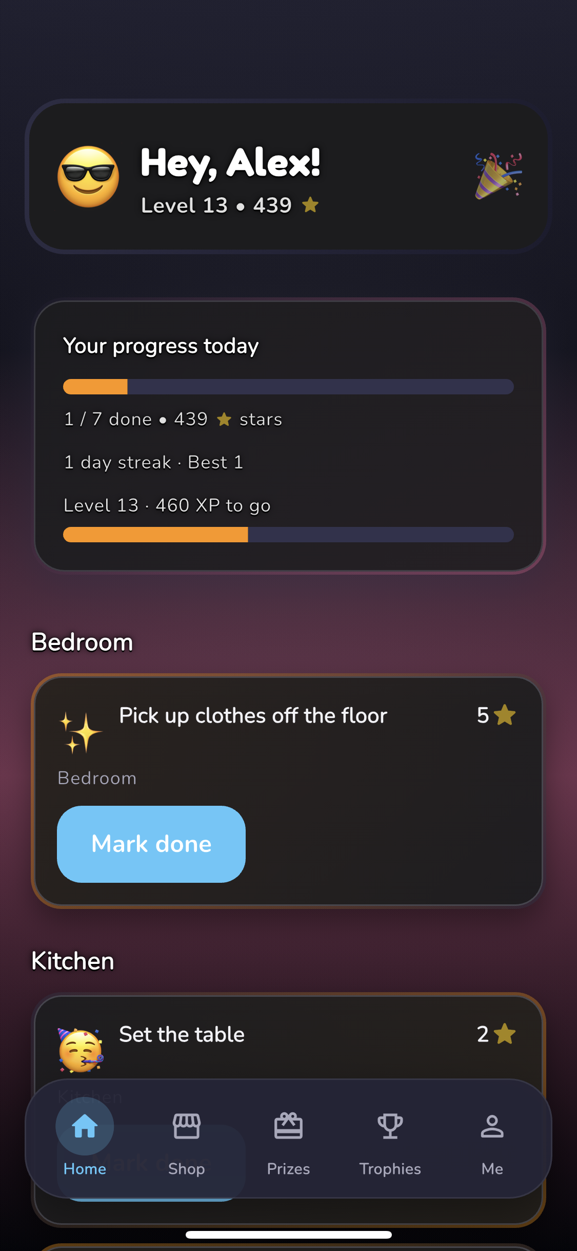 Done-it child home screen with a friendly greeting and today’s progress on iPhone.