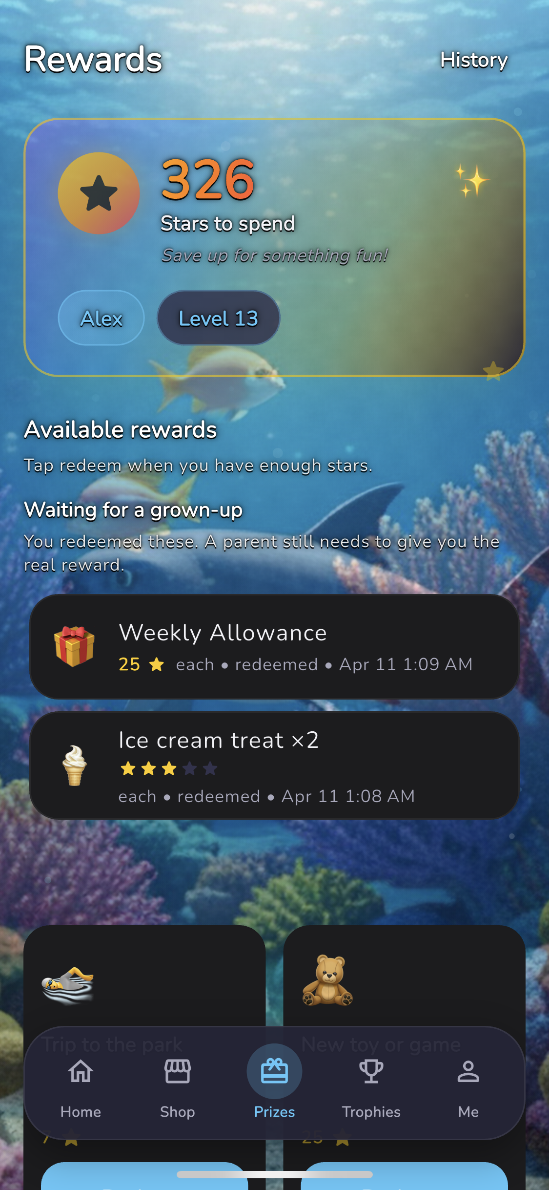 Done-it rewards list with star prices for kids.