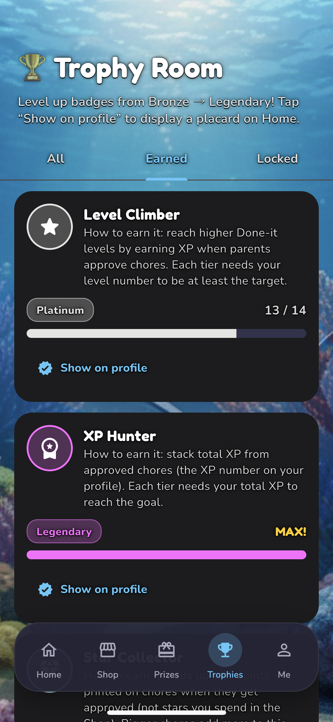 Done-it trophy-style achievements for kids.