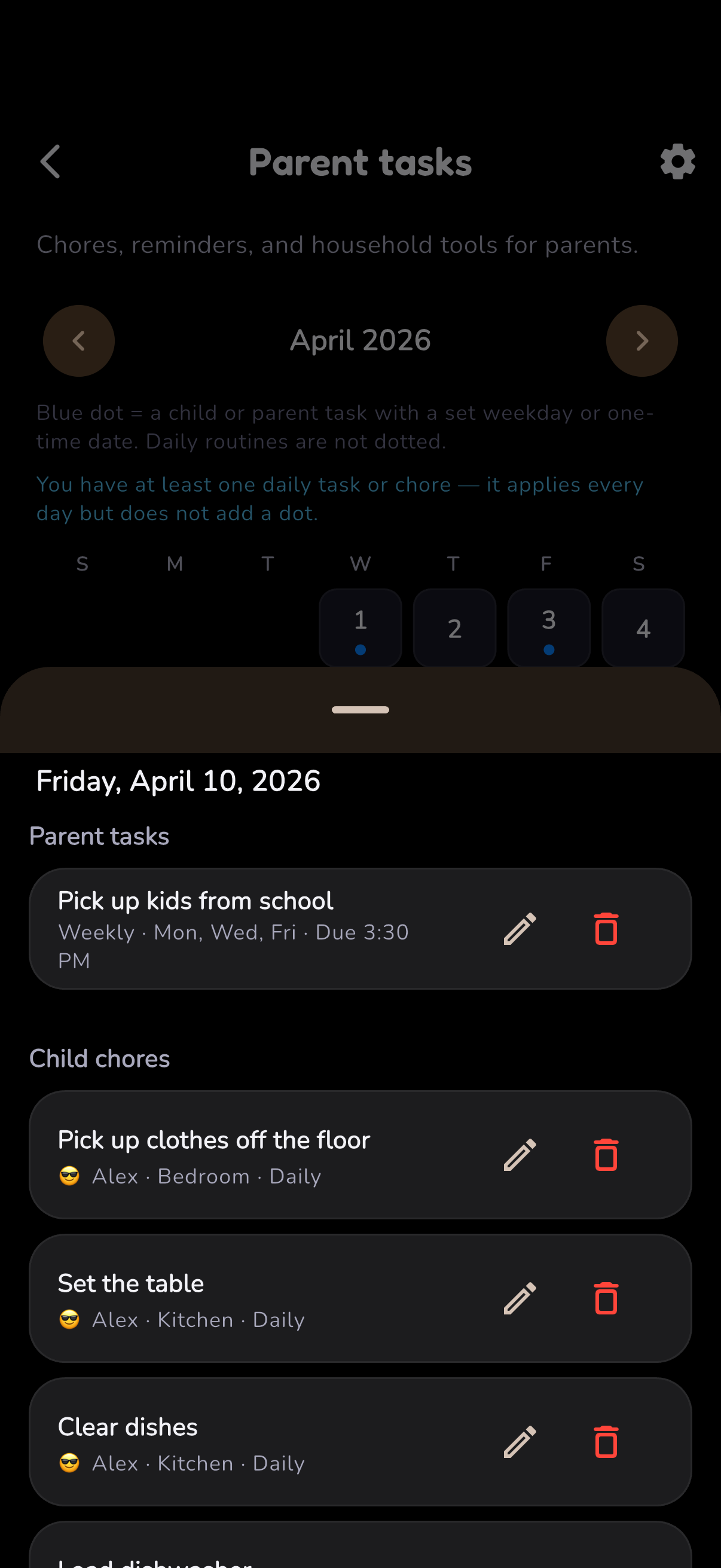 Done-it parent household status screen.