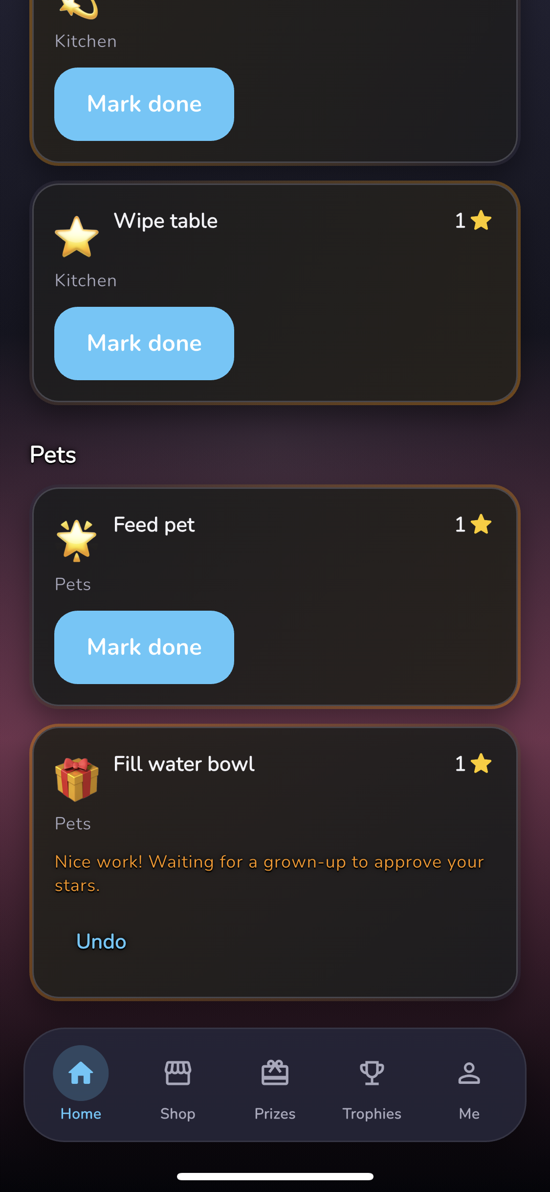 Done-it child-facing screen with colorful progress and rewards.