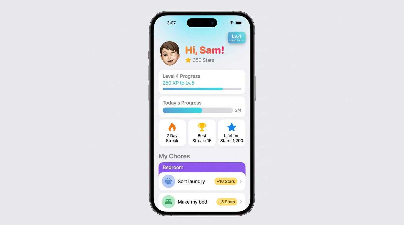 Done-it kid screen: today’s chores, stars, level, and streaks.