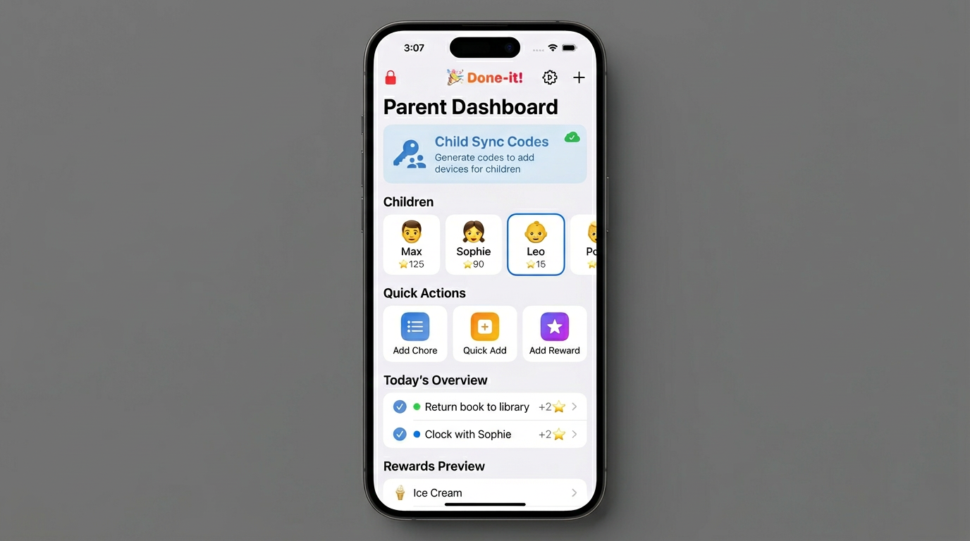 Done-it parent manage screen: family code, kids, chores, and rewards.