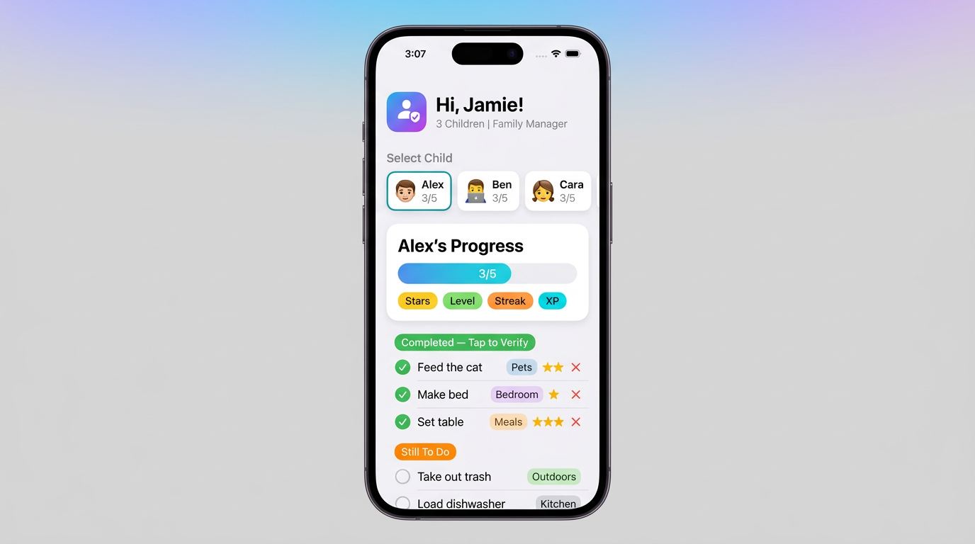Done-it parent screen: pick a child, see progress, and approve completed chores.