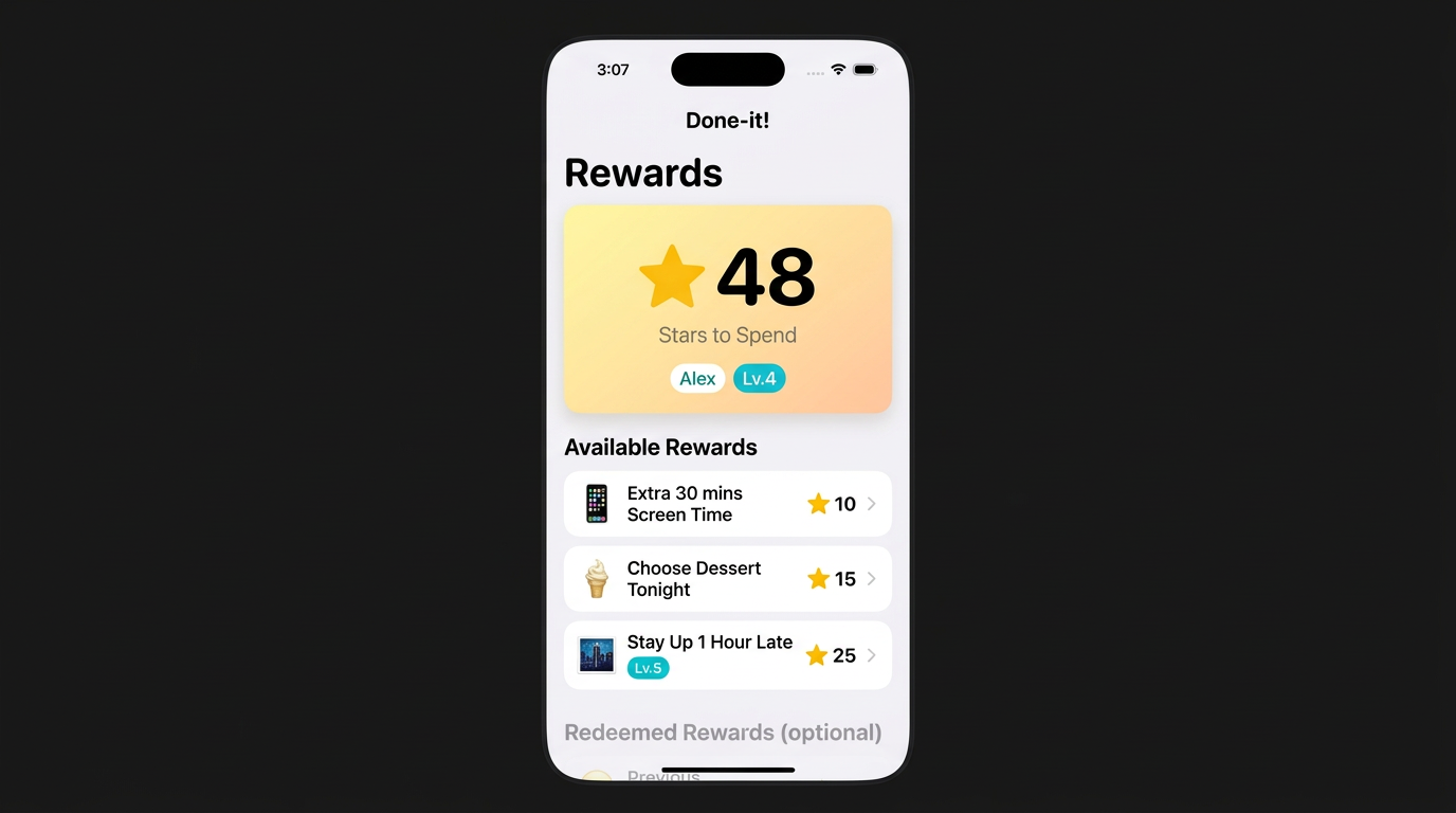 Done-it rewards: star balance and redeemable items.