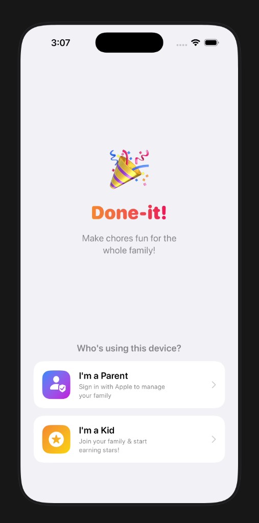 Done-it on iPhone: choose Parent (Sign in with Apple) or Kid (join with a family code).